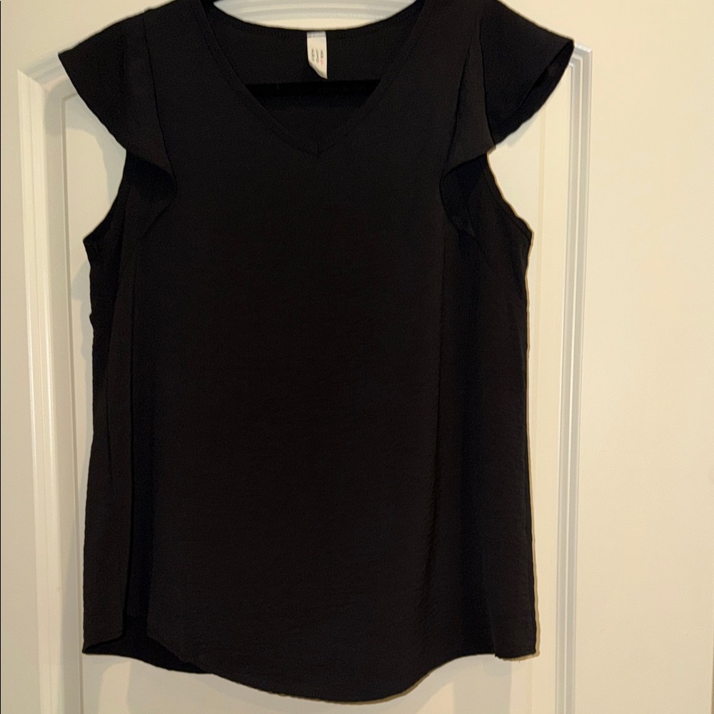 Women's Black V-Neck Flutter Sleeve Tank Top